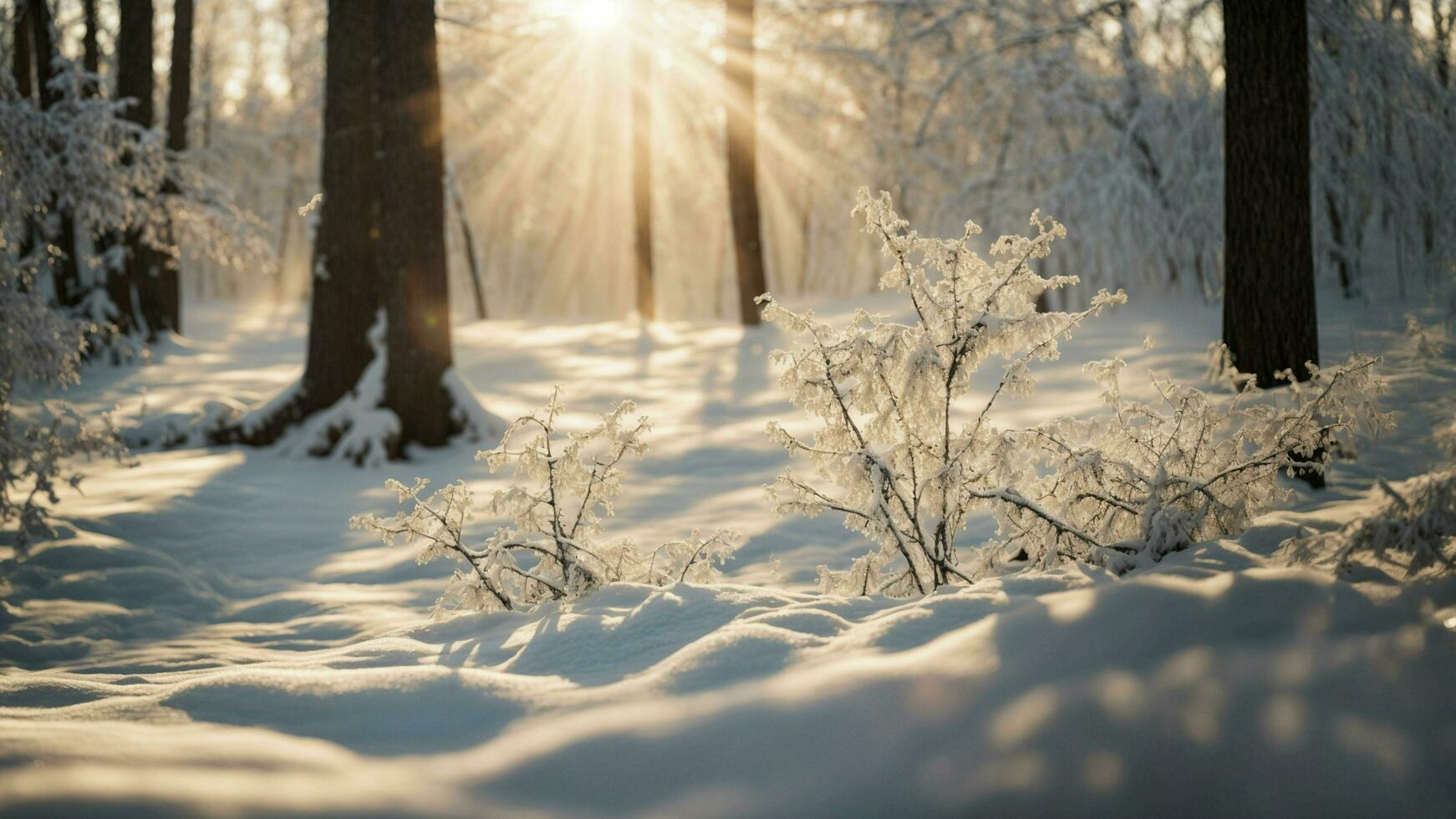 AI generated Sunlight filtering through snow-laden branches Capture the ethereal quality of winter sunlight filtering through dense, snow-covered branches, casting a soft and warm glow on the forest photo