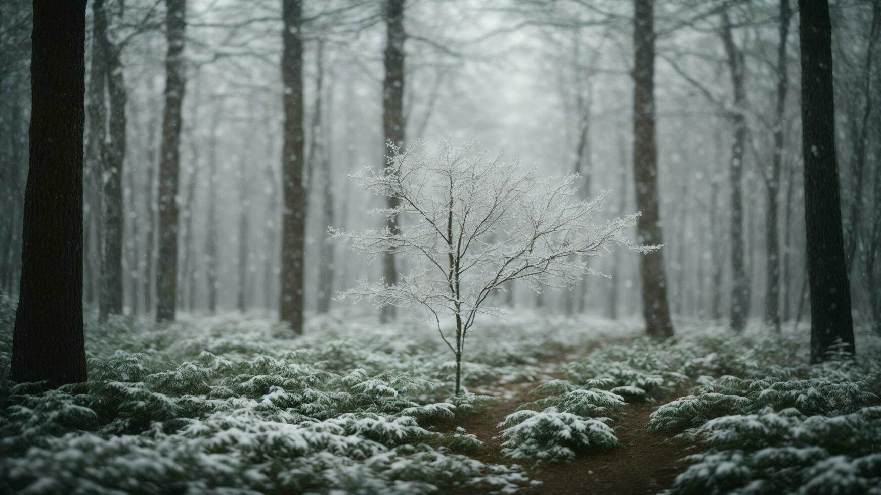 AI generated Whispering winds in the winter forest Craft an image that conveys the hushed atmosphere of a snowy woodland, with a slight breeze causing delicate snowflakes to dance in the air photo