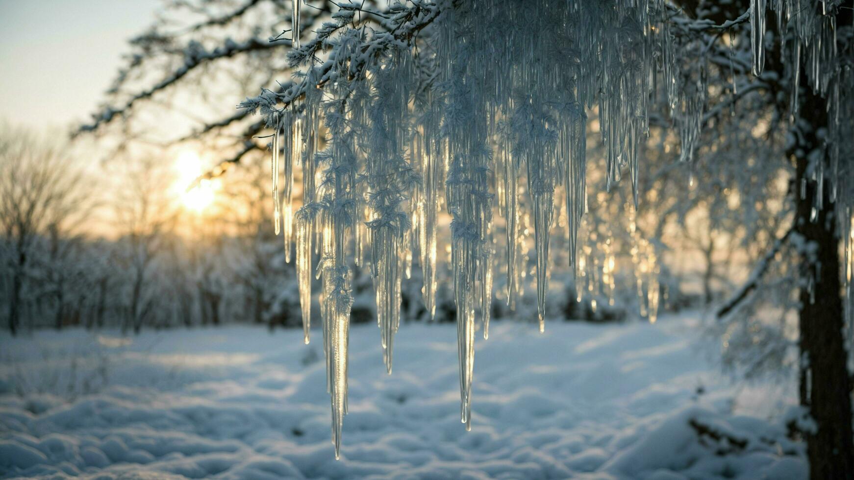 AI generated A symphony of icicles Create a visually stunning composition by focusing on intricate icicles hanging from tree branches, reflecting the winter sun in a dazzling display of natural art. photo