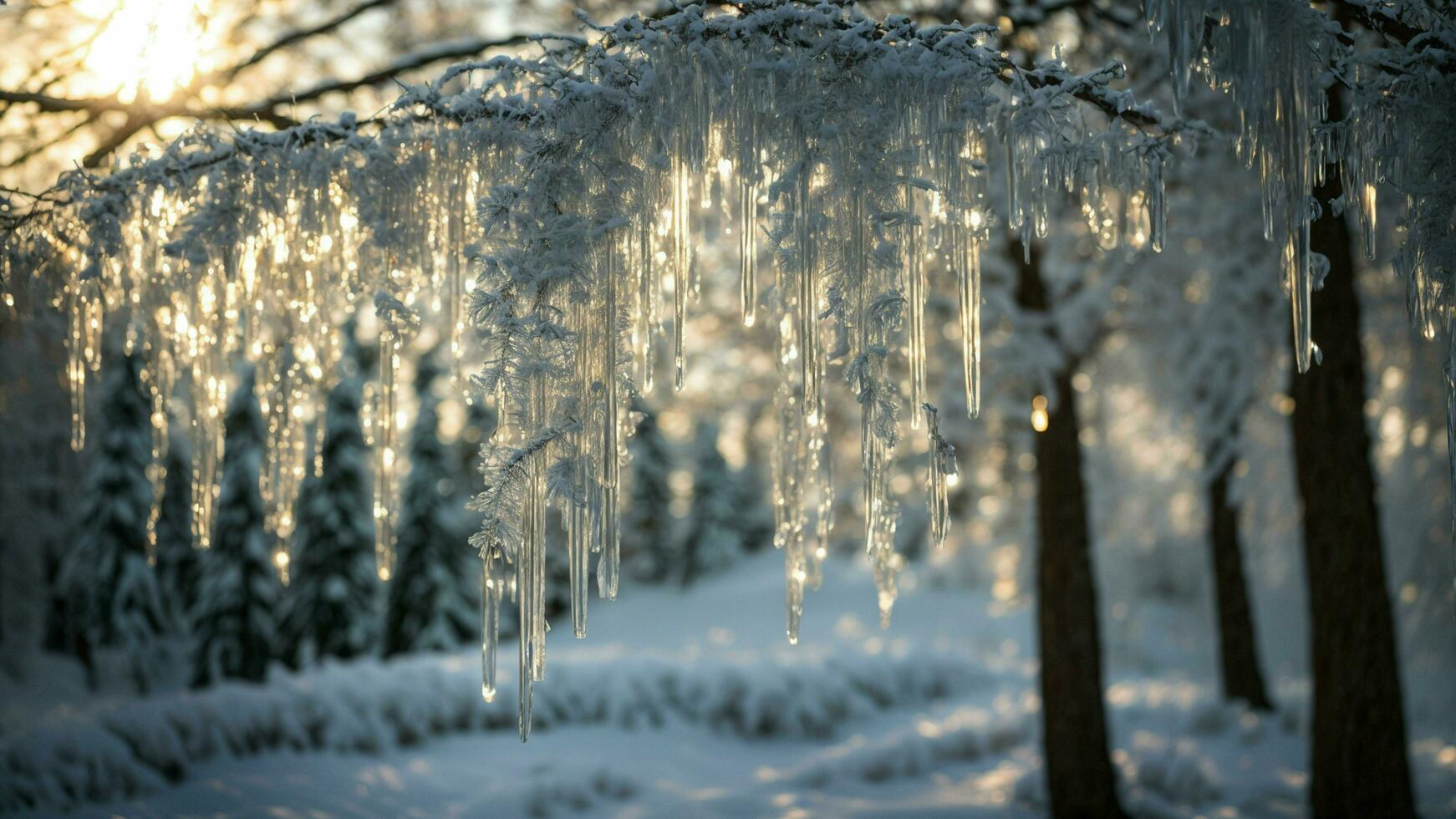 AI generated A symphony of icicles Create a visually stunning composition by focusing on intricate icicles hanging from tree branches, reflecting the winter sun in a dazzling display of natural art. photo