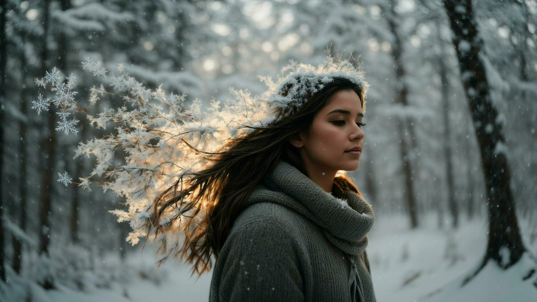 AI generated Whispering winds in the winter forest Craft an image that conveys the hushed atmosphere of a snowy woodland, with a slight breeze causing delicate snowflakes to dance in the air photo