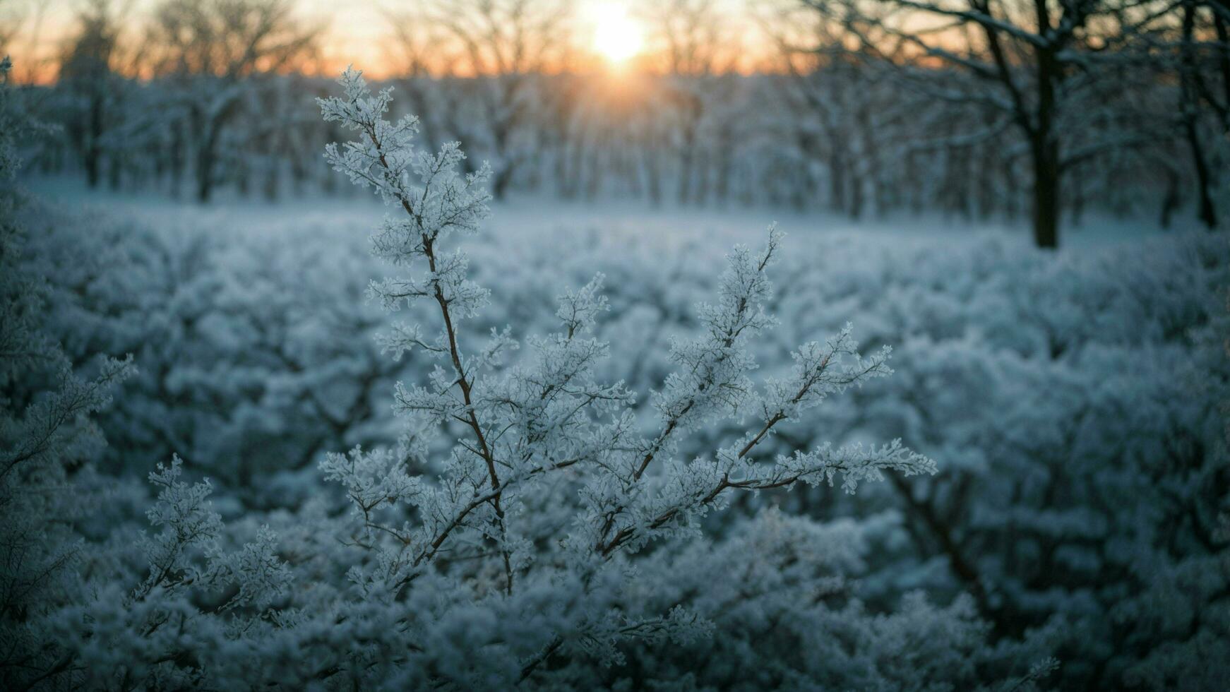 AI generated Frost kissed branches at dawn Highlight the first light of day casting a soft glow on frosted branches, creating a captivating play of light and shadow in the winter forest. photo