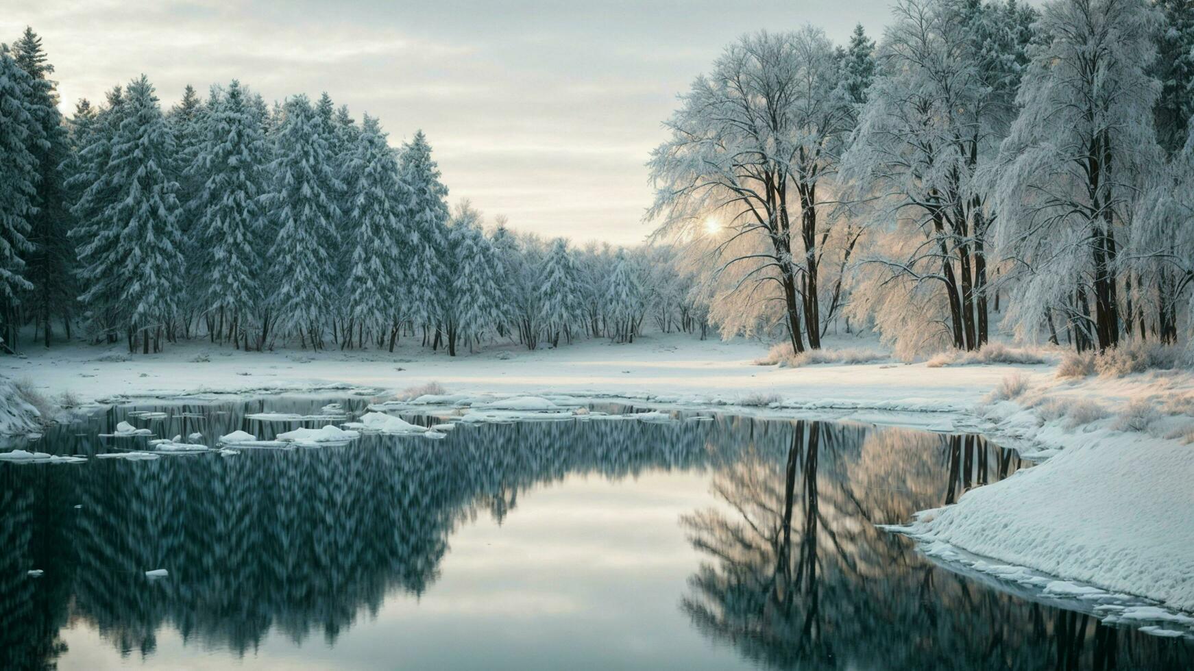 AI generated Winter's reflection Present a mirror-like reflection of snow-covered trees on the glassy surface of a frozen lake, creating a visually striking and symmetrical composition. photo