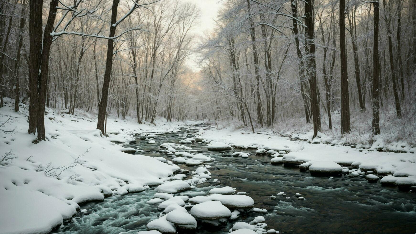 AI generated Frozen creek meandering through the woods Showcase the beauty of a partially frozen creek winding its way through a forest, capturing the delicate balance between motion and stillness photo