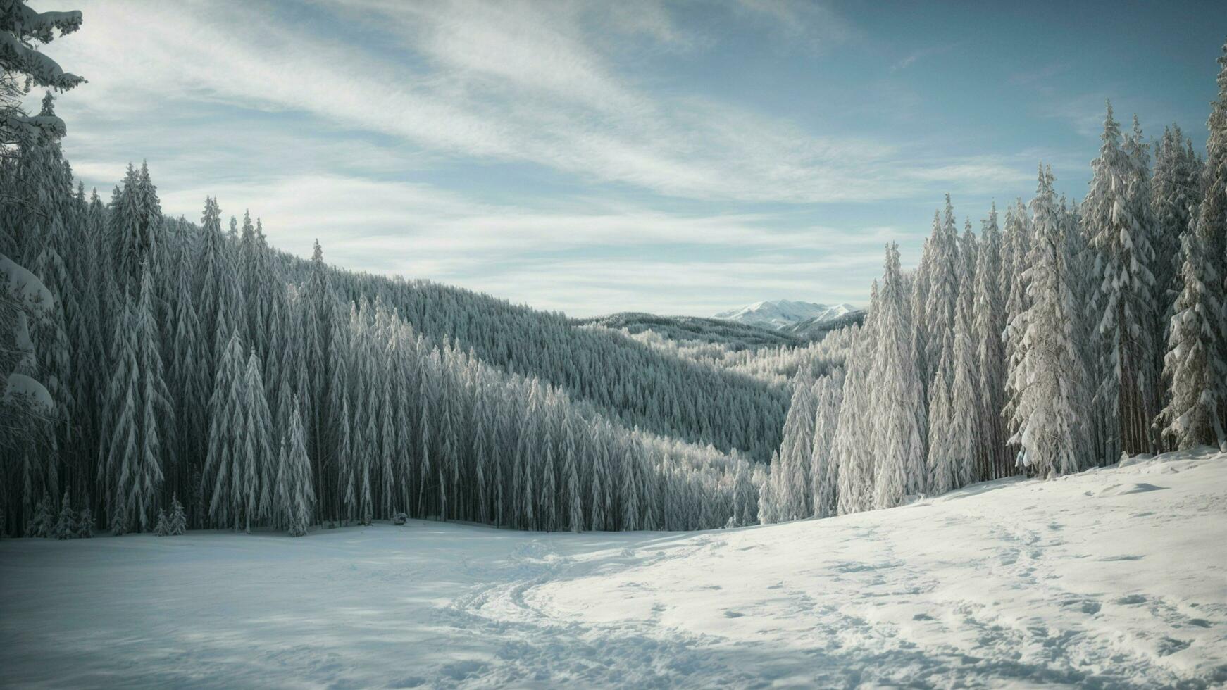 AI generated Explore the serenity of winter with a breathtaking forest backdrop, showcasing snowcovered trees and a soft palette of cool blues and whites. photo