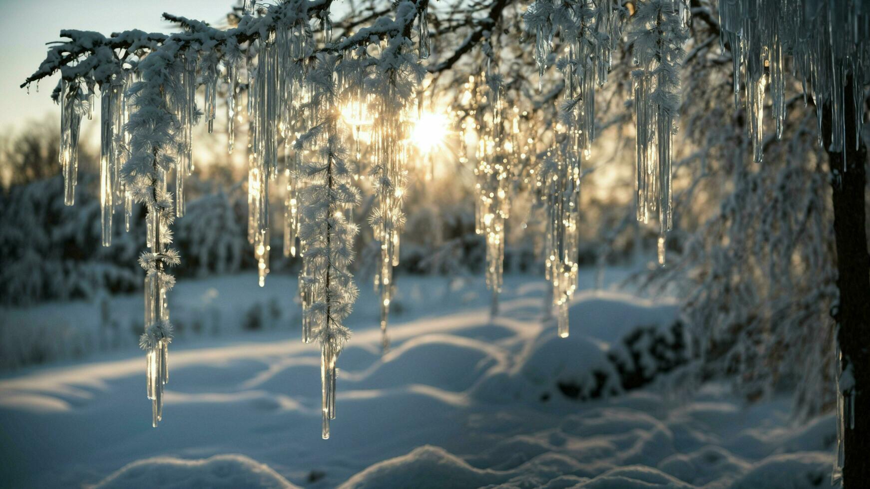 AI generated A symphony of icicles Create a visually stunning composition by focusing on intricate icicles hanging from tree branches, reflecting the winter sun in a dazzling display of natural art. photo