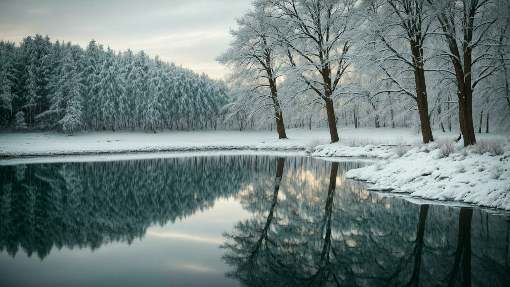 AI generated Winter's reflection Present a mirror-like reflection of snow-covered trees on the glassy surface of a frozen lake, creating a visually striking and symmetrical composition. photo