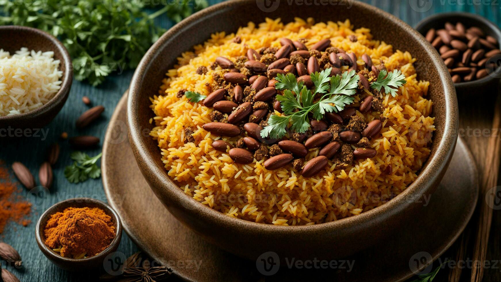 AI generated Feature a bowl of Rajma Rice surrounded by vibrant Indian spices. photo