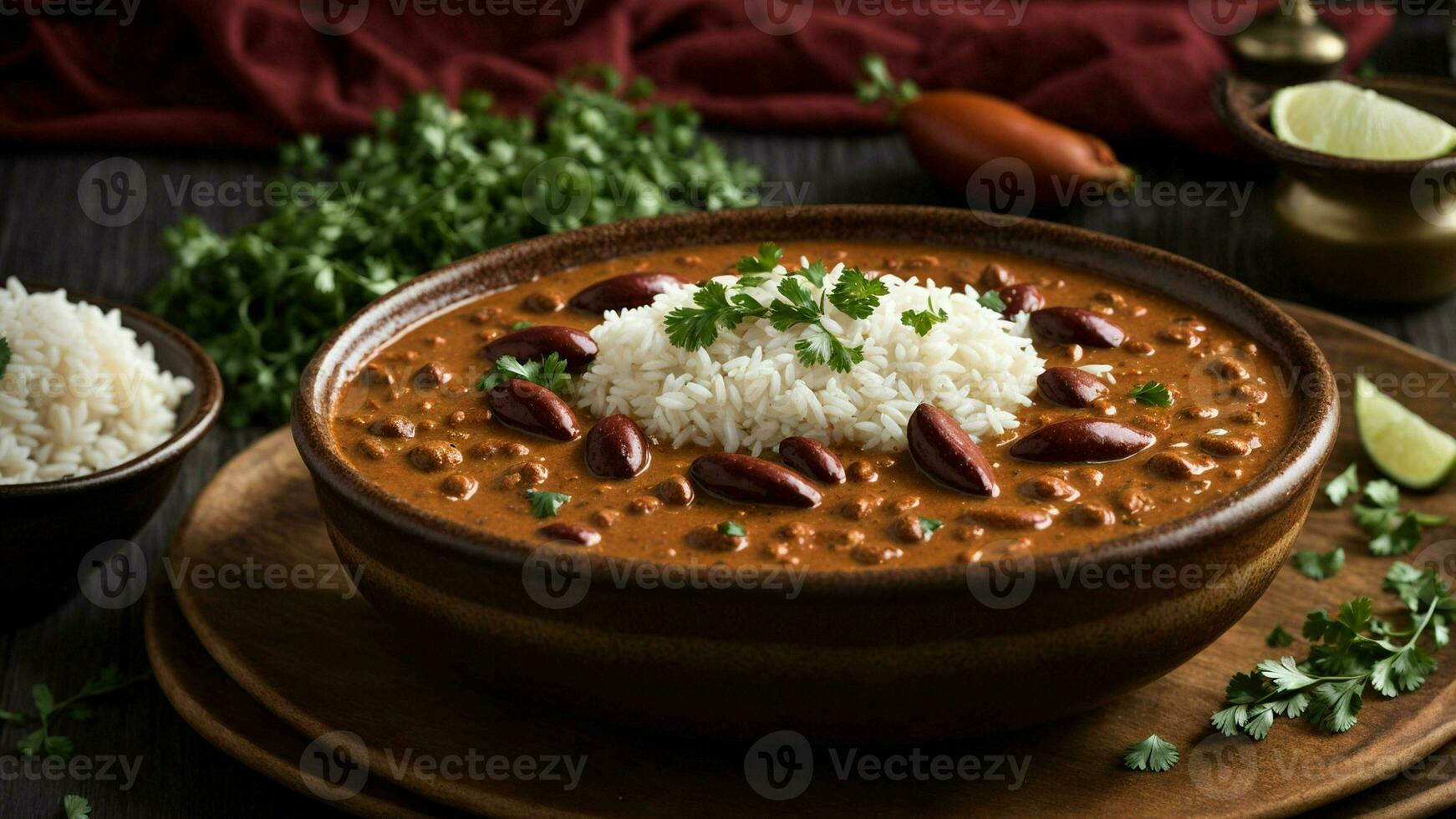 AI generated Highlight the rich and creamy texture of your Rajma gravy paired with fluffy rice. photo