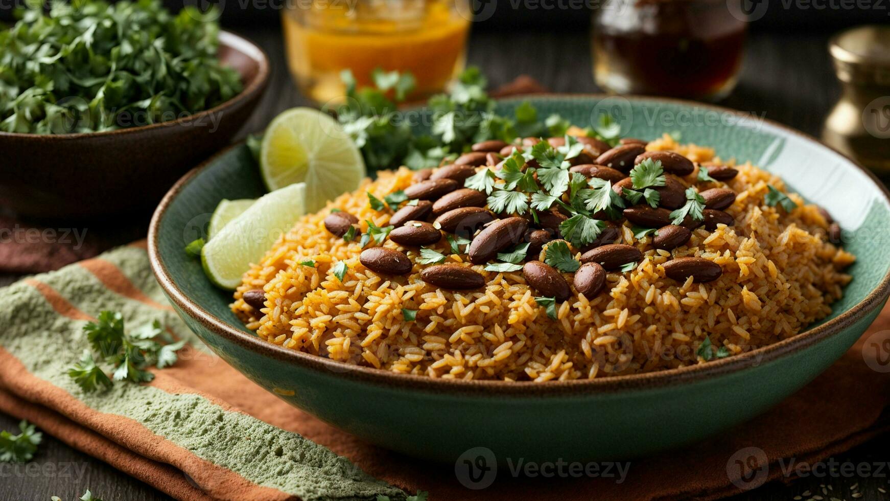 AI generated Display a well-plated serving of Rajma Rice with a garnish of fresh cilantro. photo