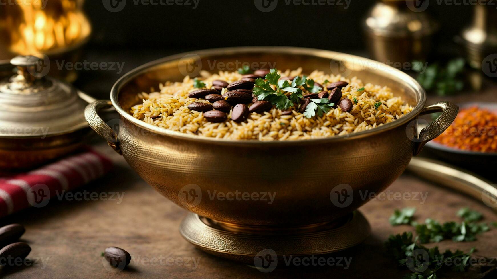 AI generated Display your Rajma Rice in a traditional copper or brass serving vessel. photo