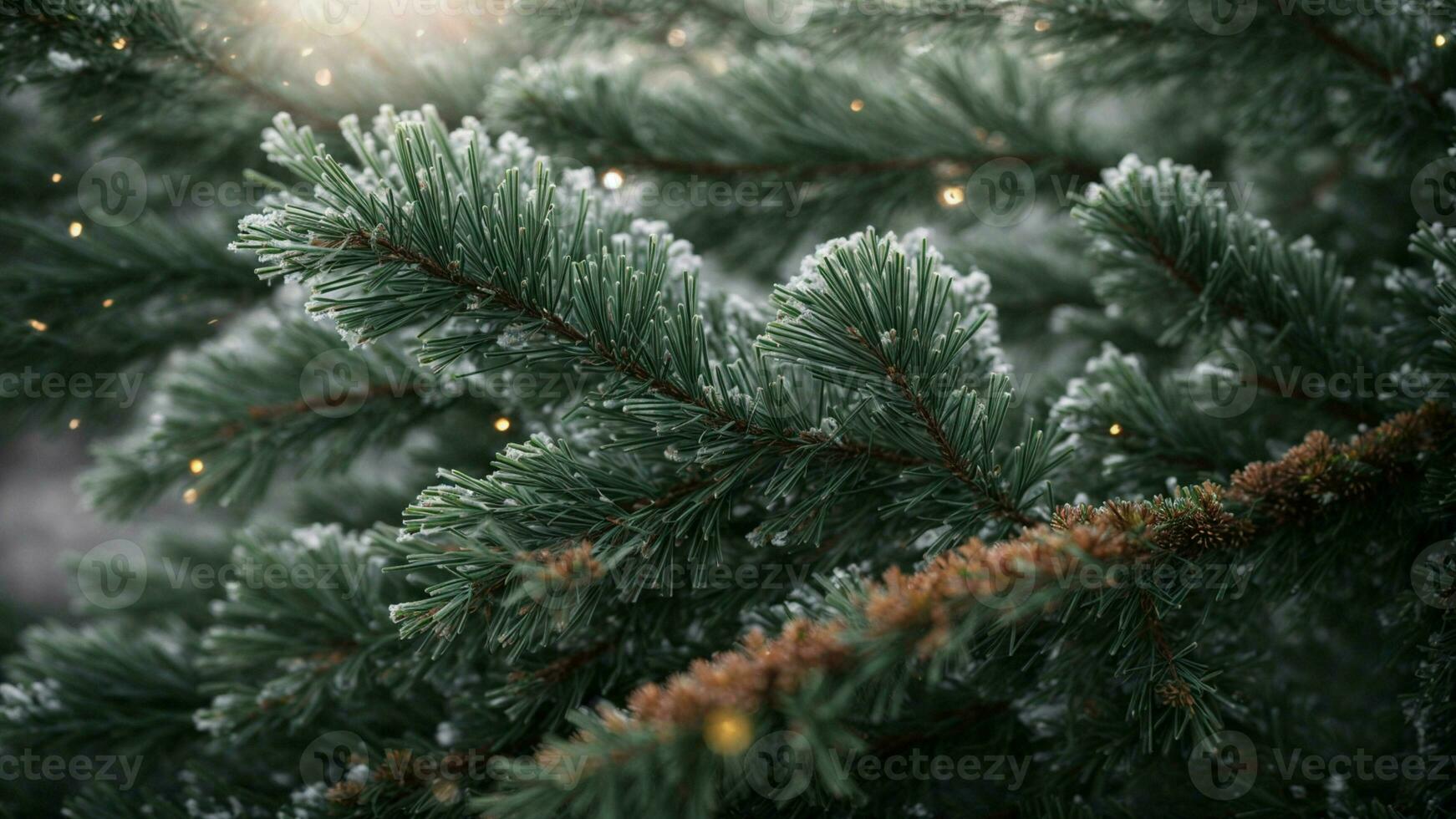 AI generated Explore the intricate details of the microscopic ice crystals forming on the pine needles of a majestic pine tree during a winter morning. photo