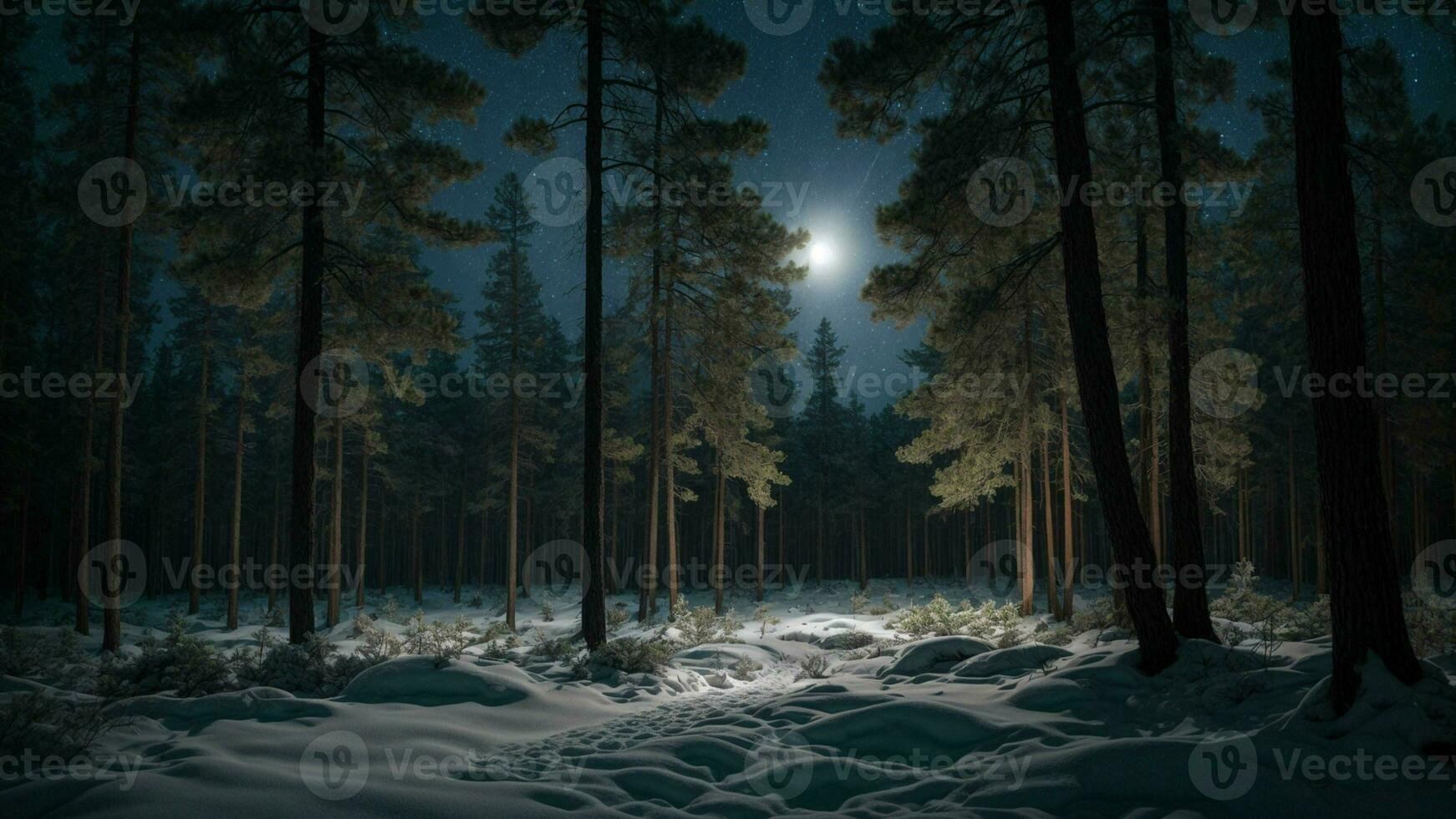 AI generated Describe the complex ecosystem of a pine forest at night during winter, highlighting the interplay of moonlight and shadows. photo