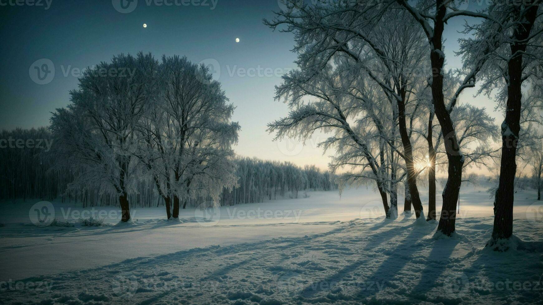 AI generated Depict the magical atmosphere created by moonlight filtering through the branches of winter trees, casting long shadows on the snow-covered ground and illuminating the frost photo