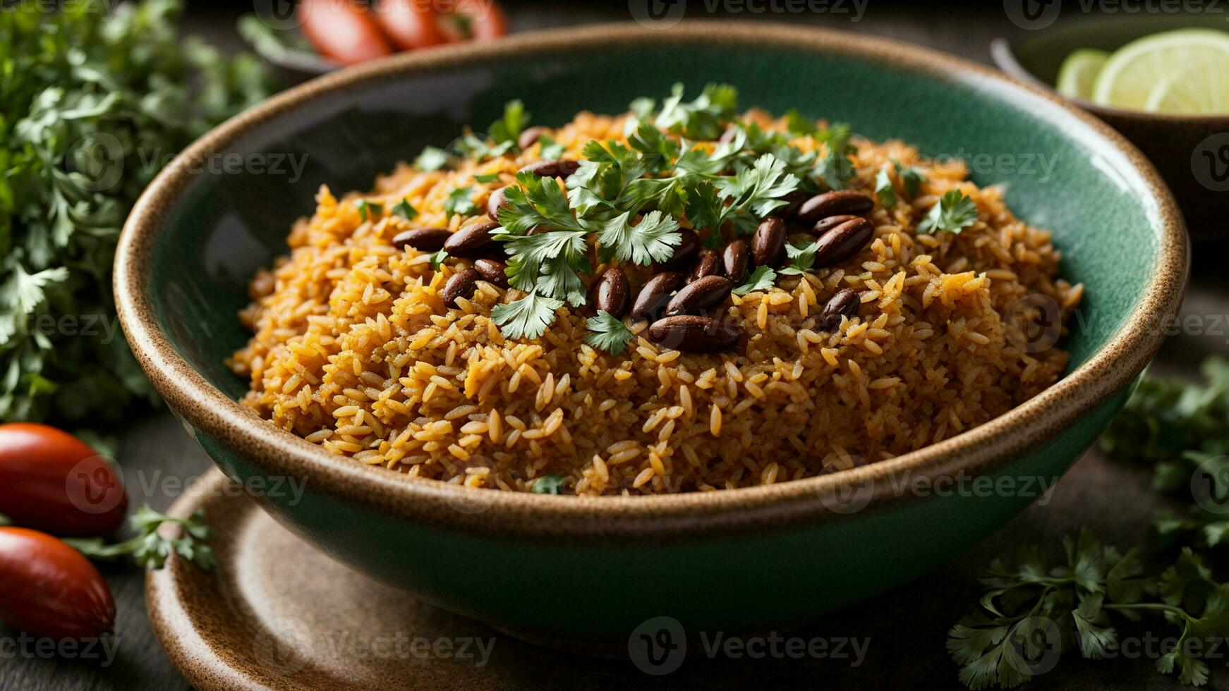 AI generated Display a well-plated serving of Rajma Rice with a garnish of fresh cilantro. photo