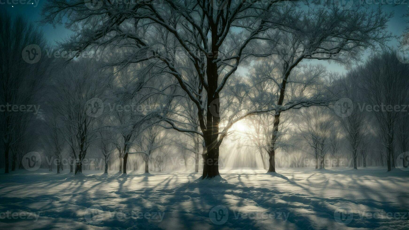 AI generated Depict the magical atmosphere created by moonlight filtering through the branches of winter trees, casting long shadows on the snow-covered ground and illuminating the frost photo