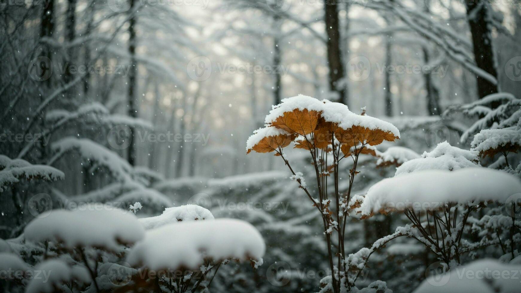 AI generated Convey the stillness and quiet beauty of a snowy forest, exploring the subtle sounds of winter, like the creaking of frozen branches and the distant hush of falling snow. photo