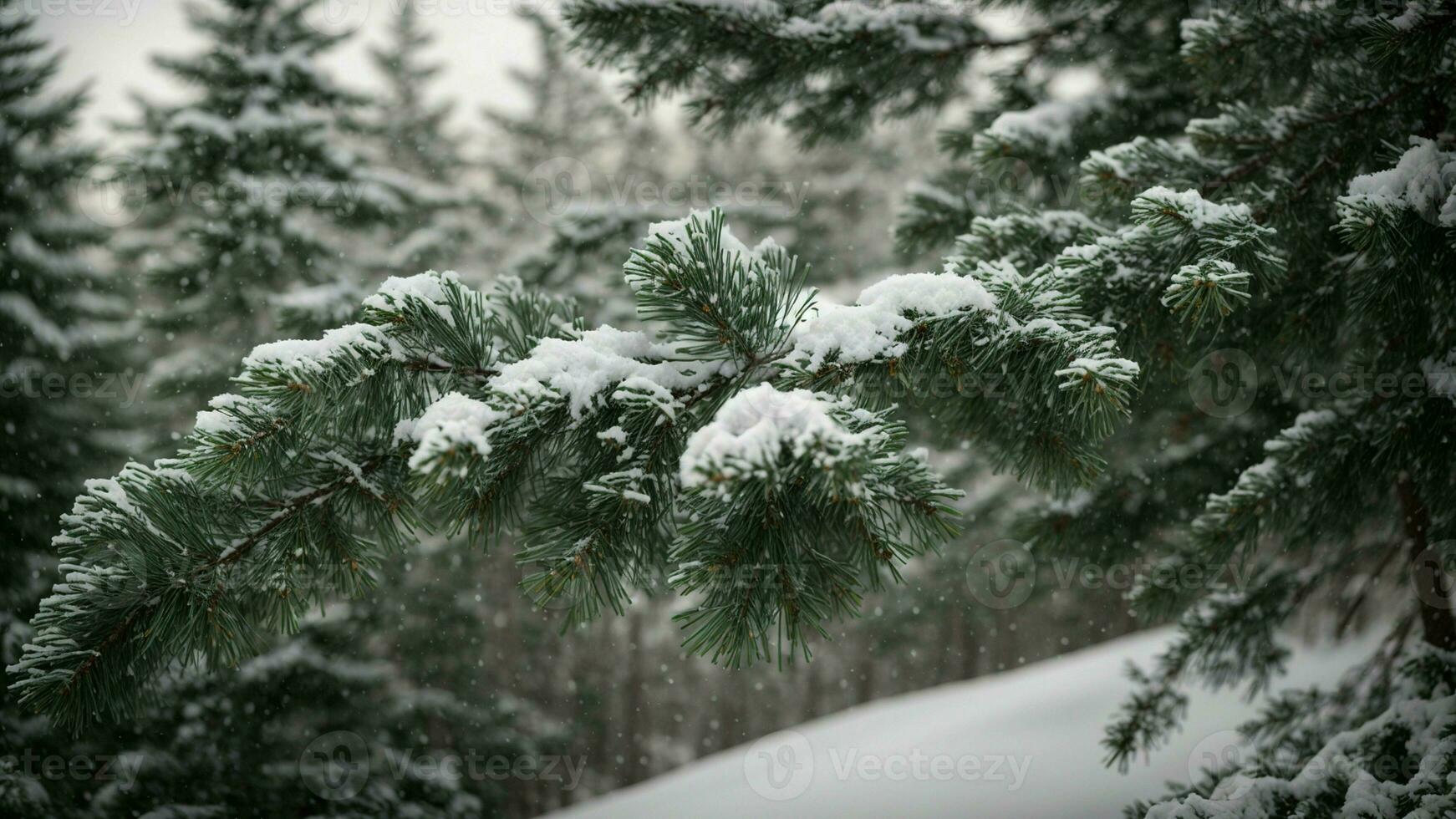 AI generated Illustrate the weight of freshly fallen snow on the branches of coniferous trees, emphasizing the challenge it presents to the trees and the ethereal beauty it adds to the forest. photo