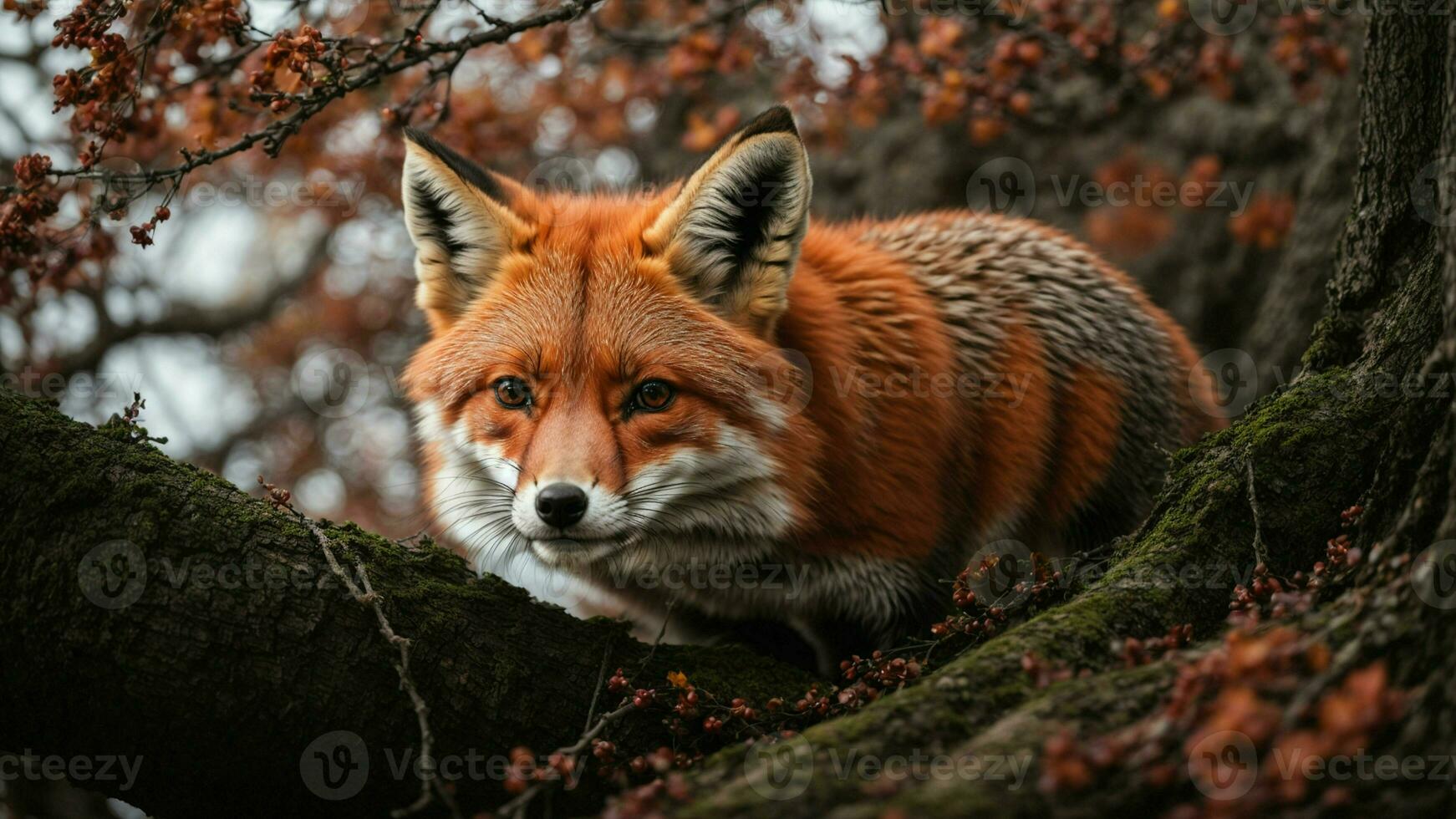 AI generated Detail the intricate process of a red fox building a den beneath the protective branches of a winter oak. photo