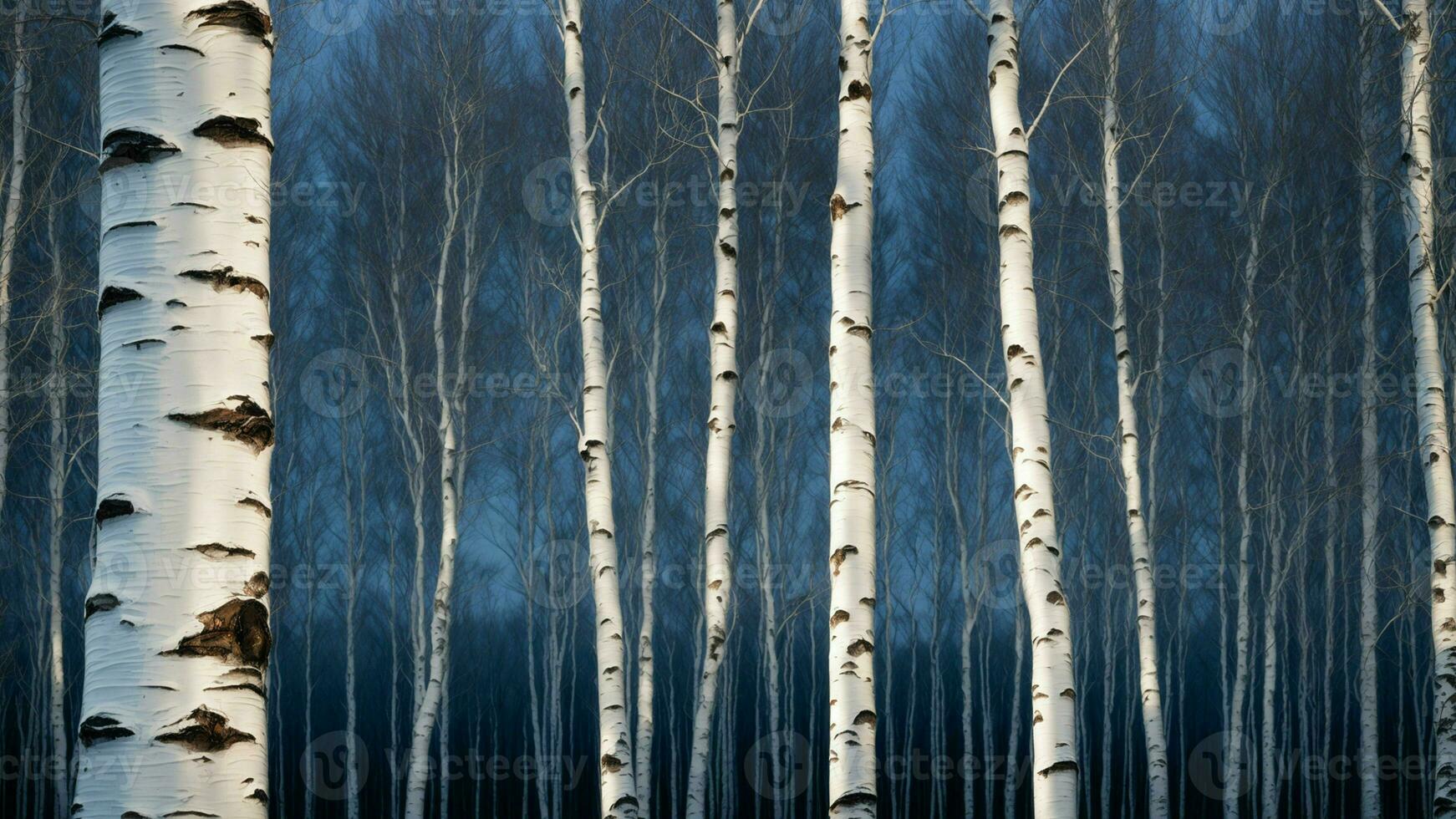 AI generated Paint a vivid picture of the tranquil winter twilight in a birch grove, focusing on the unique patterns created by the contrast between the white bark and the deep blue hues of the sky. photo