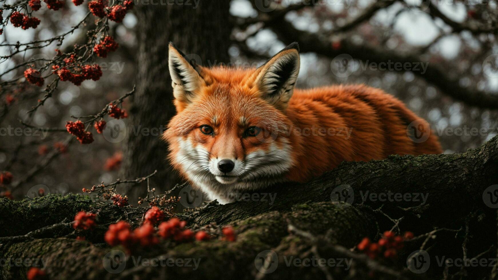 AI generated Detail the intricate process of a red fox building a den beneath the protective branches of a winter oak. photo