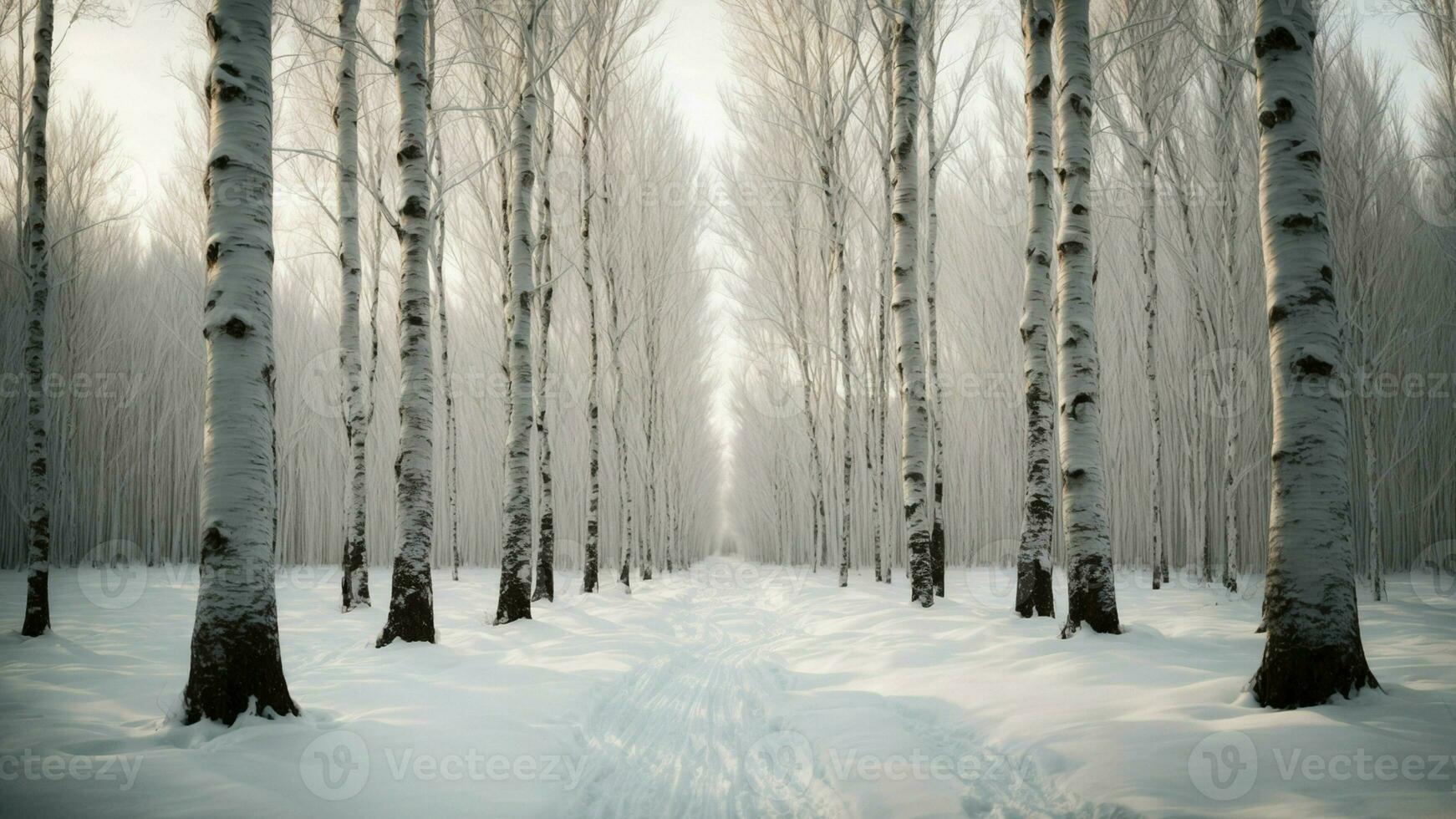 AI generated Write about the solitude of a winter birch grove, with each tree standing as a sentinel against the cold. photo