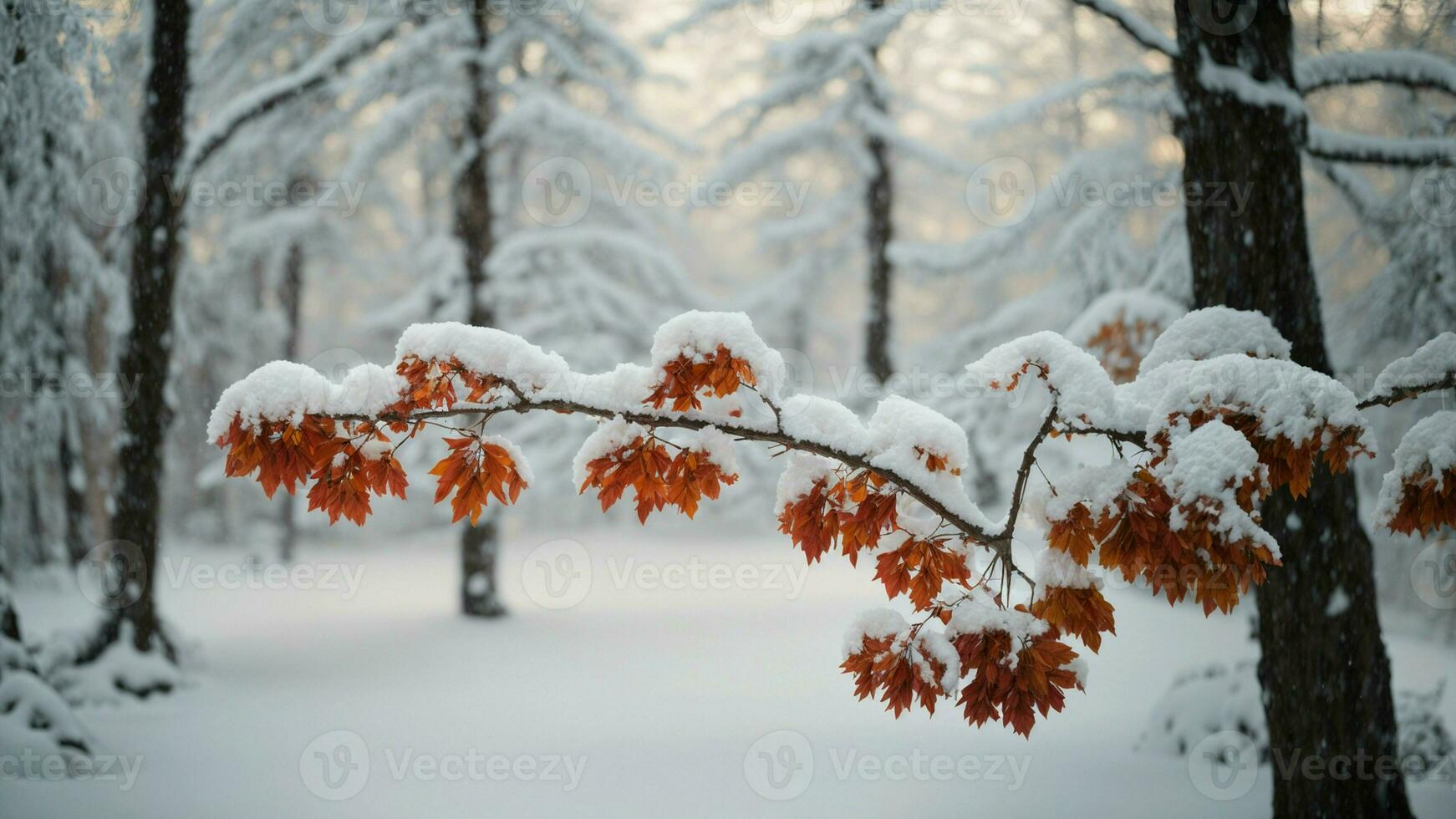 AI generated Convey the stillness and quiet beauty of a snowy forest, exploring the subtle sounds of winter, like the creaking of frozen branches and the distant hush of falling snow. photo