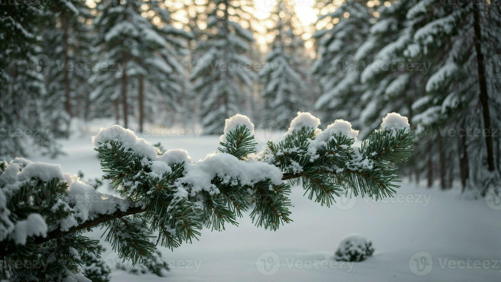 AI generated Illustrate the weight of freshly fallen snow on the branches of coniferous trees, emphasizing the challenge it presents to the trees and the ethereal beauty it adds to the forest. photo
