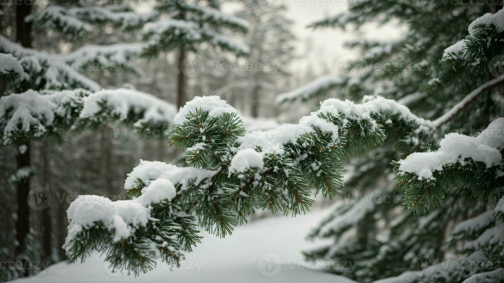 AI generated Illustrate the weight of freshly fallen snow on the branches of coniferous trees, emphasizing the challenge it presents to the trees and the ethereal beauty it adds to the forest. photo