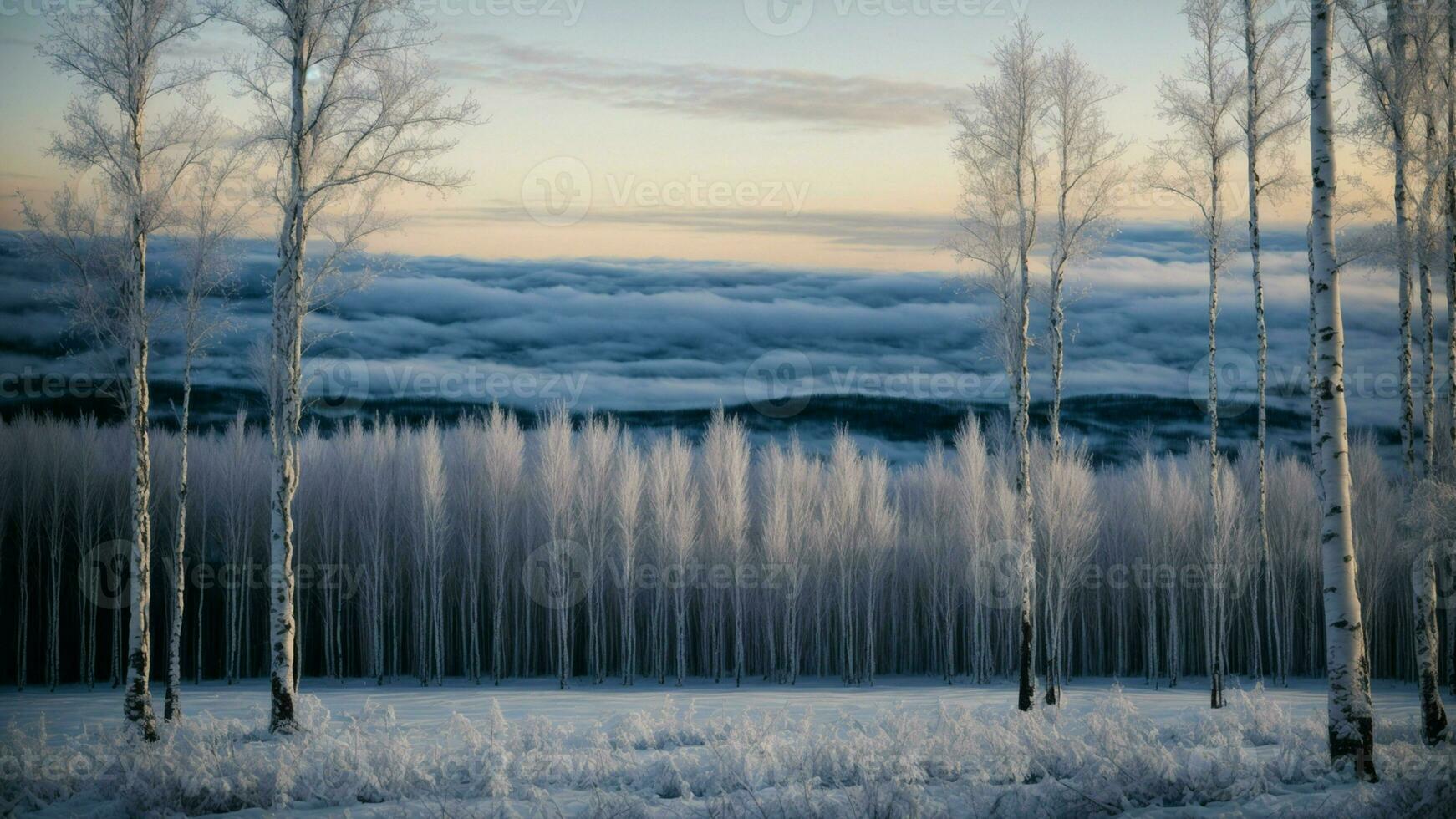 AI generated Paint a vivid picture of the tranquil winter twilight in a birch grove, focusing on the unique patterns created by the contrast between the white bark and the deep blue hues of the sky. photo