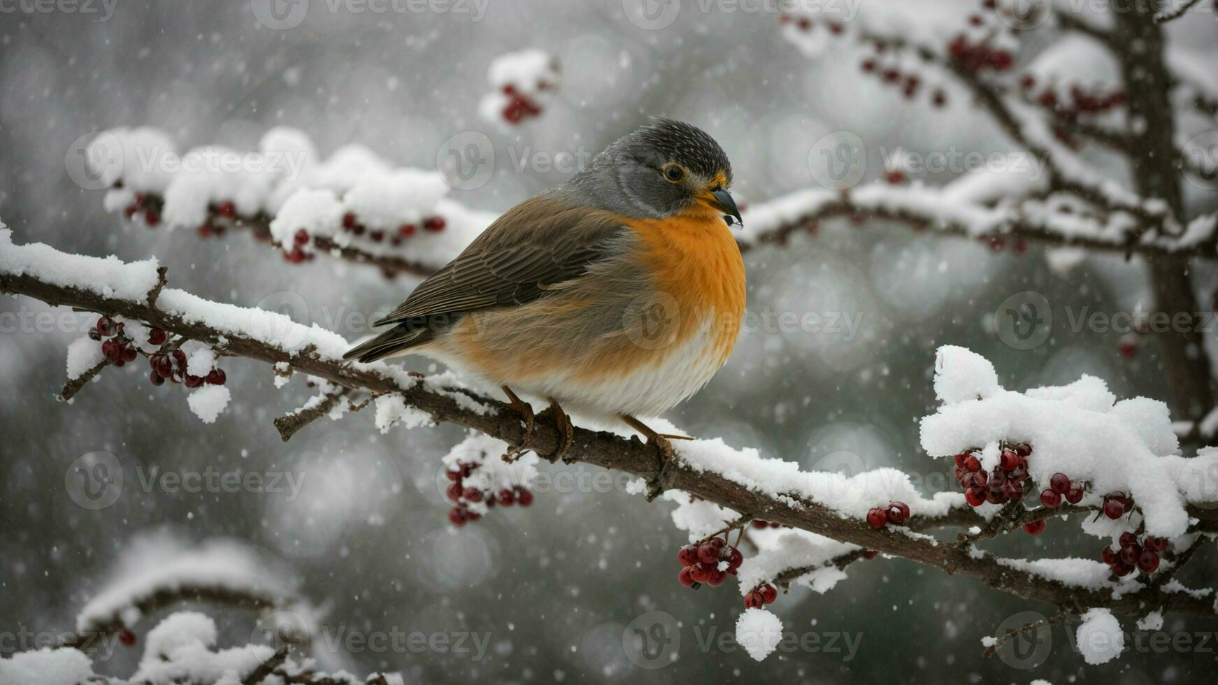 AI generated Describe the behavior and interaction of winter birds perched on snow-covered branches, capturing their resilience in the face of cold weather and their role in the winter ecosystem. photo