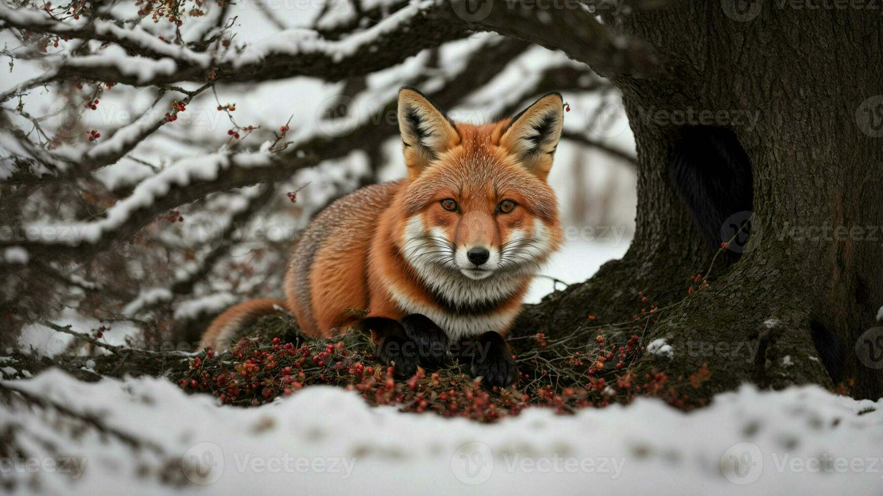 AI generated Detail the intricate process of a red fox building a den beneath the protective branches of a winter oak. photo