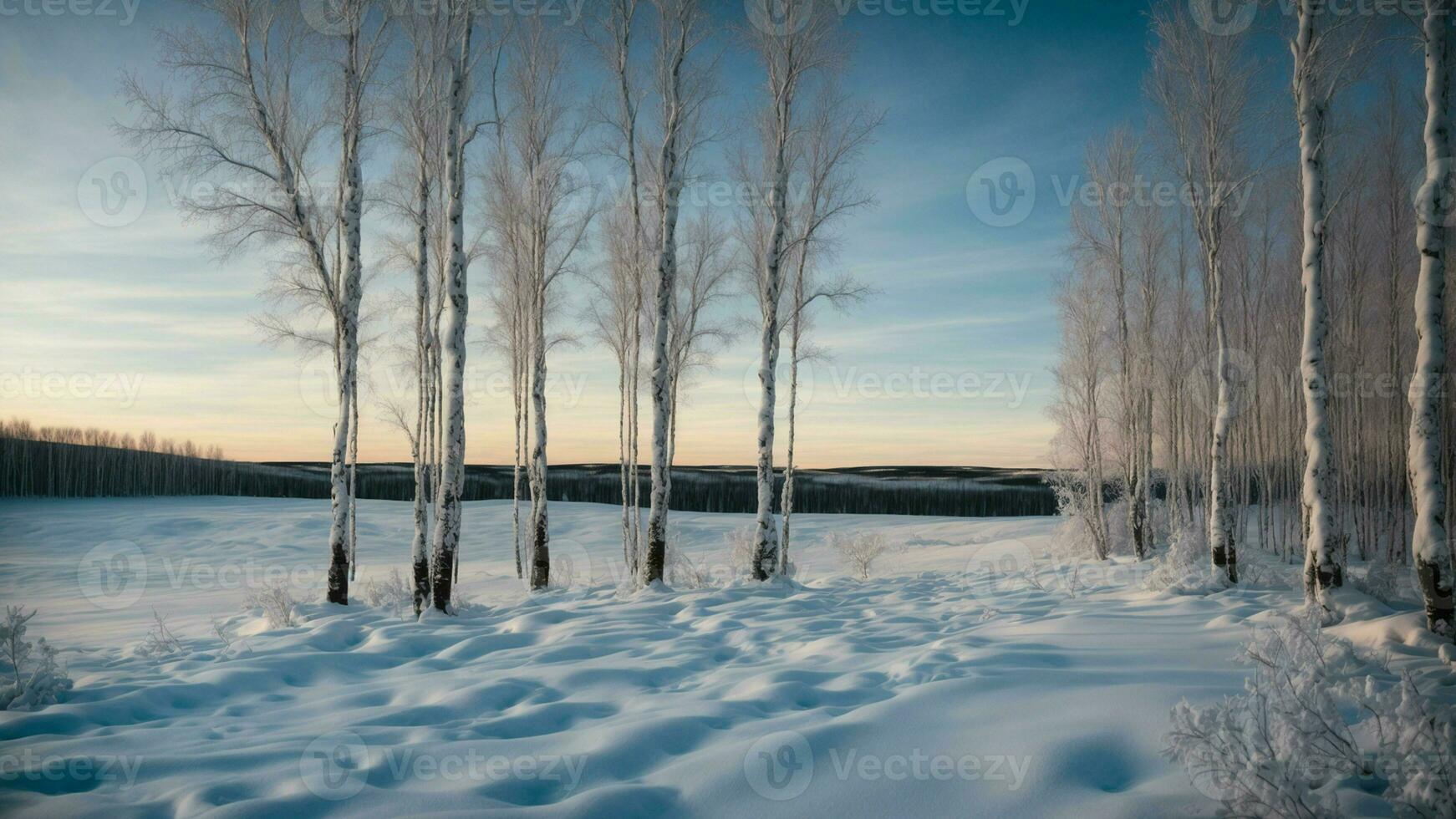 AI generated Paint a vivid picture of the tranquil winter twilight in a birch grove, focusing on the unique patterns created by the contrast between the white bark and the deep blue hues of the sky. photo