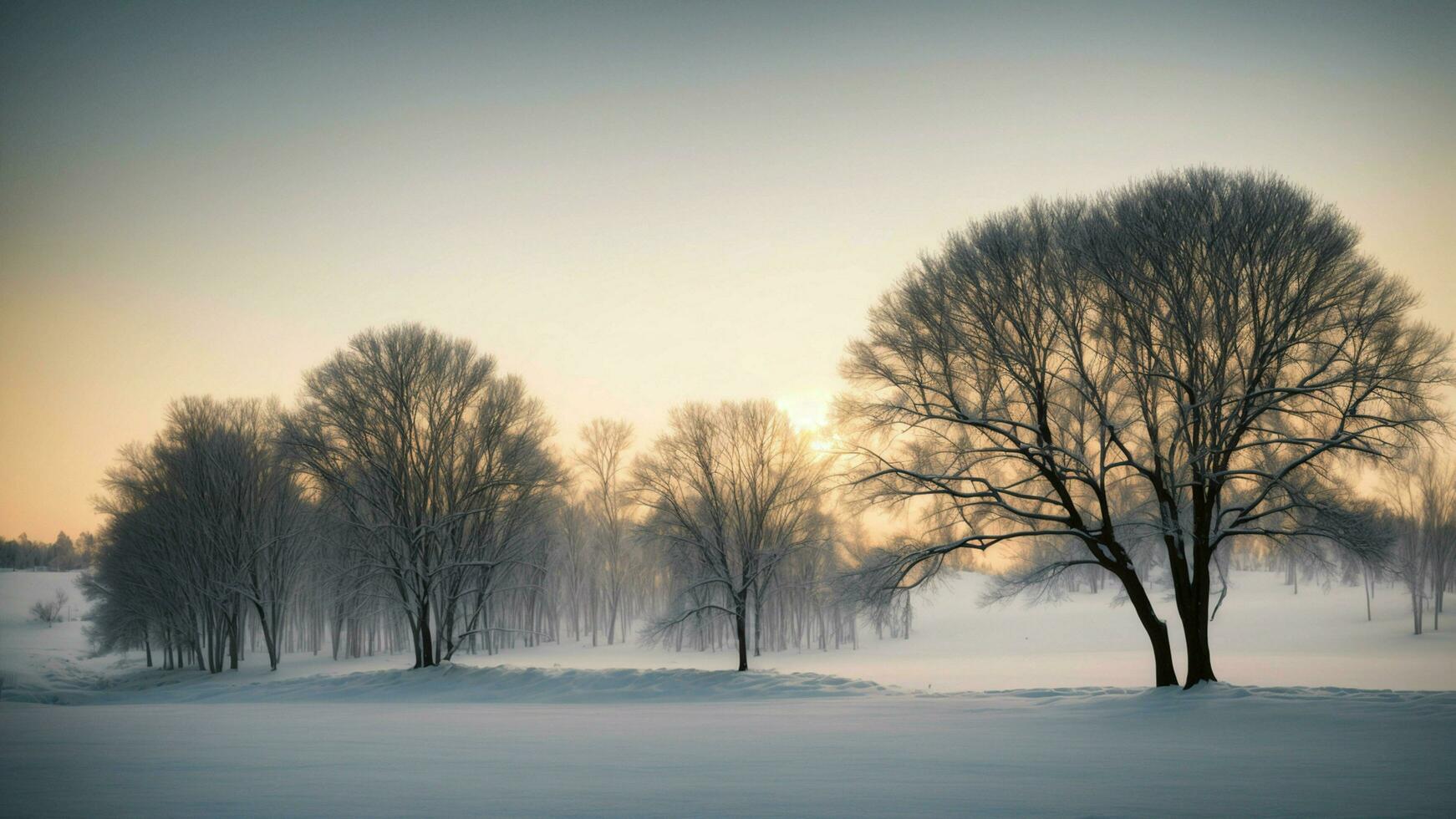 AI generated Winter silhouettes Frame a minimalist composition with the silhouette of snow-covered trees against the soft glow of the winter sky, emphasizing the simplicity and beauty of nature. photo