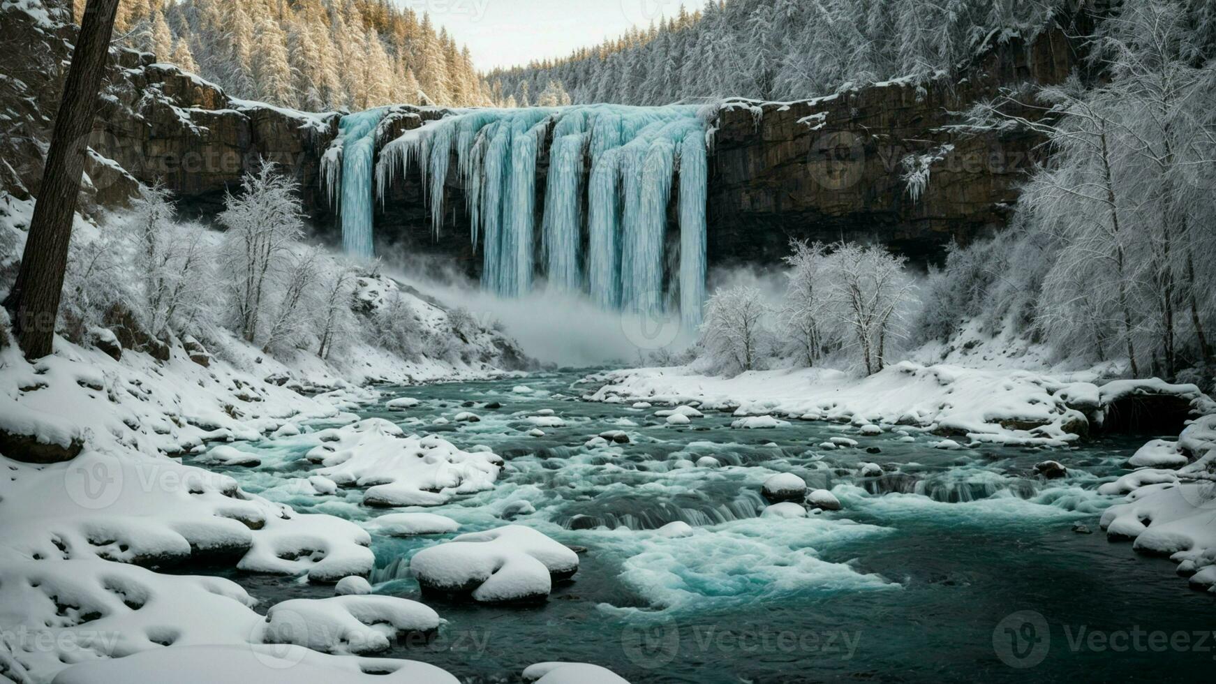 AI generated Envision the spectacle of frozen waterfalls framed by trees in a winter landscape, emphasizing the unique juxtaposition of the flowing and the static elements in nature. photo