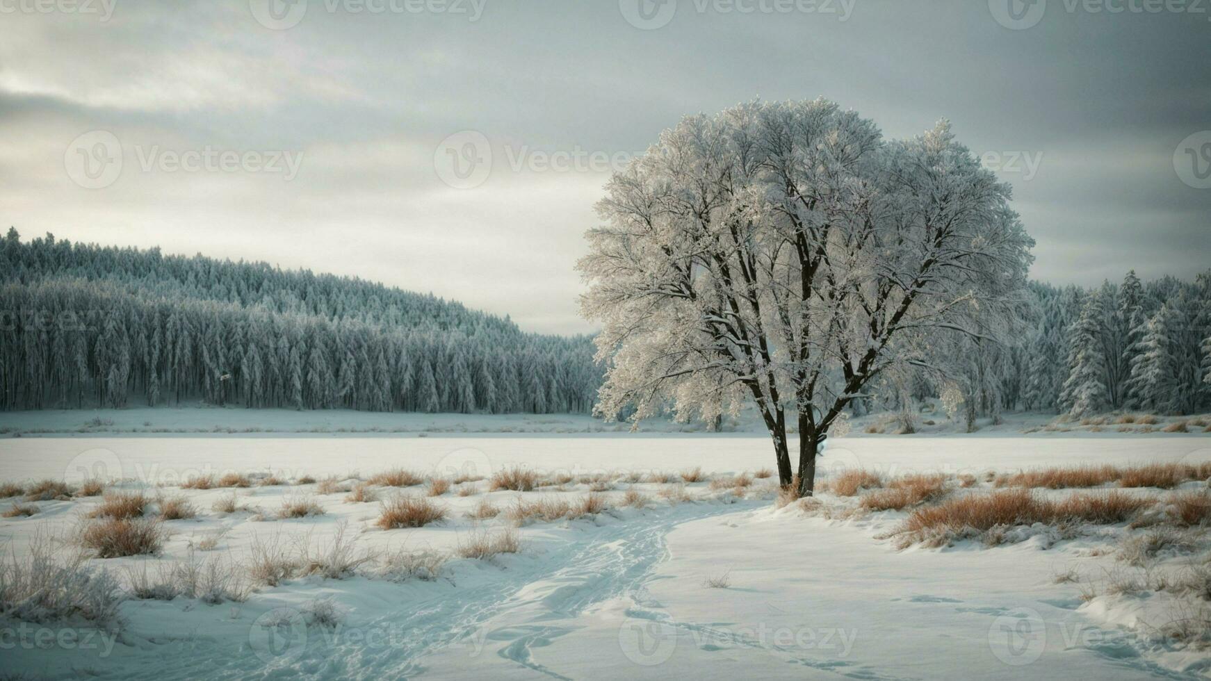 AI generated Write about the delicate balance of a winter ecosystem, where each tree plays a crucial role in maintaining harmony. photo