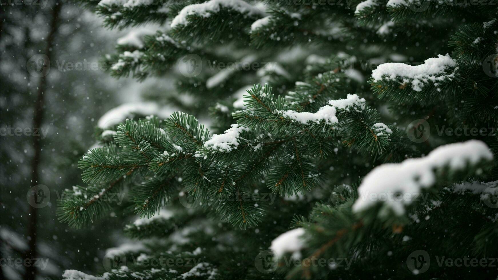 AI generated Illustrate the contrast between the dark evergreen needles and the pristine snow settling on the branches of a coniferous tree. photo