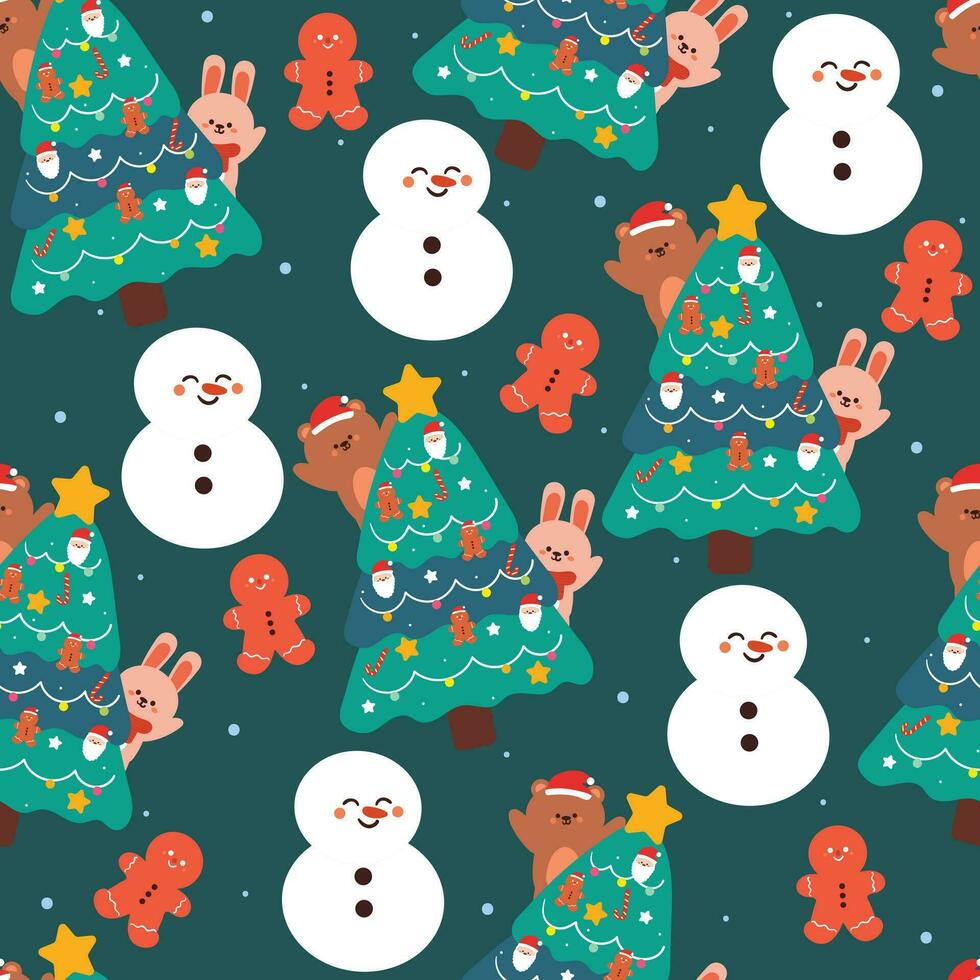 seamless pattern cartoon bear and bunny with Christmas tree and Christmas element. Cute Christmas wallpaper for card, gift wrap paper vector