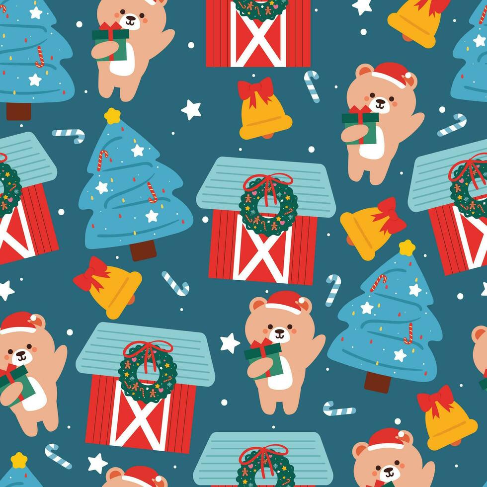 seamless pattern cartoon bear with Christmas tree and Christmas element. Cute Christmas wallpaper for card, gift wrap paper vector