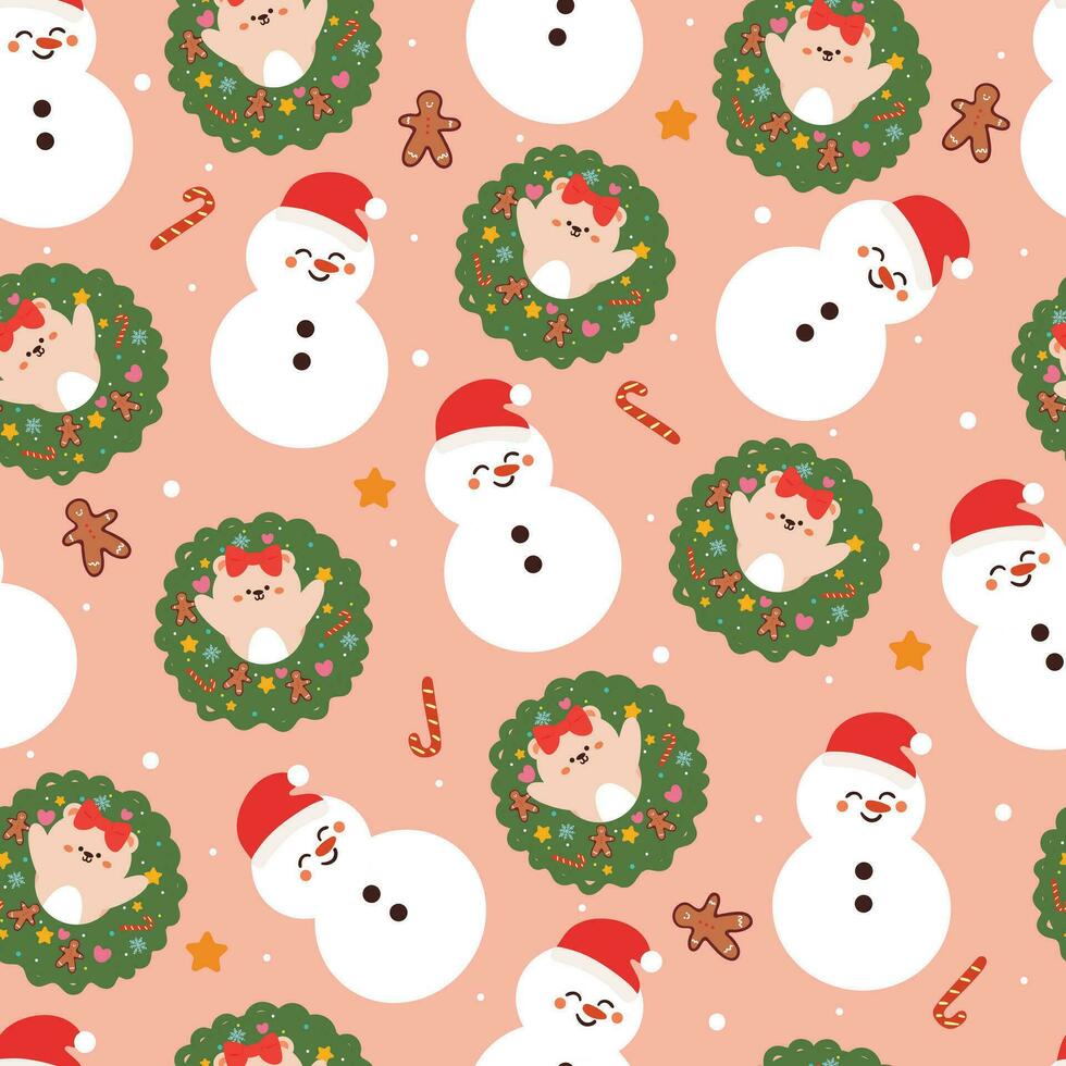 seamless pattern cartoon bear with snowman and Christmas element. Cute Christmas wallpaper for card, gift wrap paper vector
