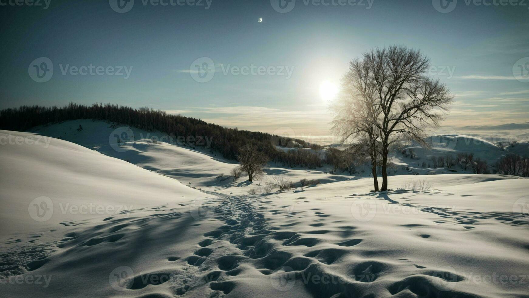 AI generated Create a scene where the moonlight casts long shadows of barren branches on a snow-covered hill. photo