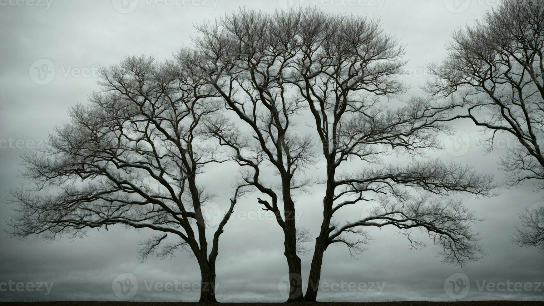 ai generado detalle el contraste Entre el rígido siluetas de sin hojas arboles en contra un pálido, nublado invierno cielo. foto