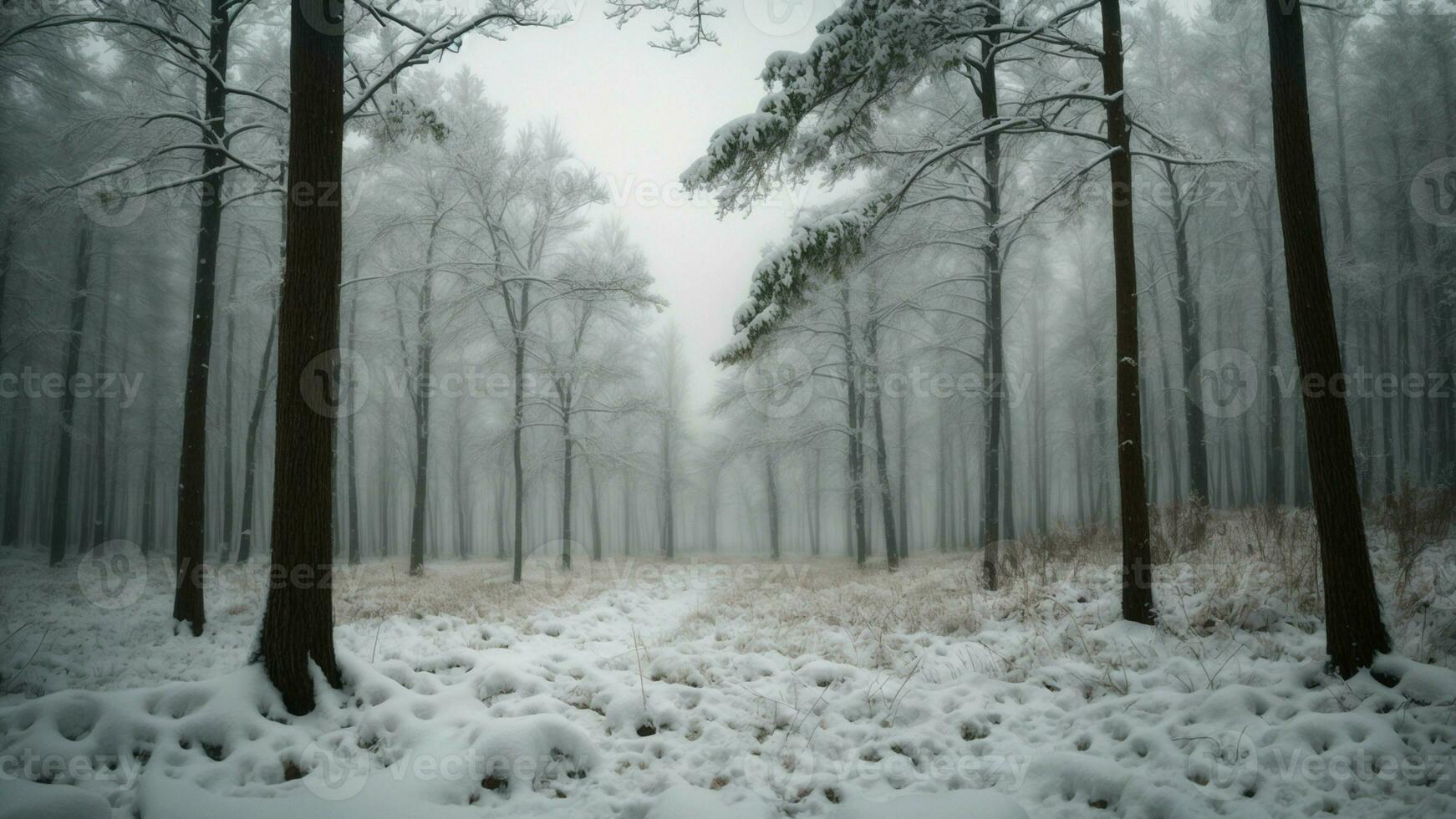 AI generated Examine the unique soundscapes of a winter forest, focusing on the crunching of snow underfoot and the occasional creaking of frozen limbs. photo