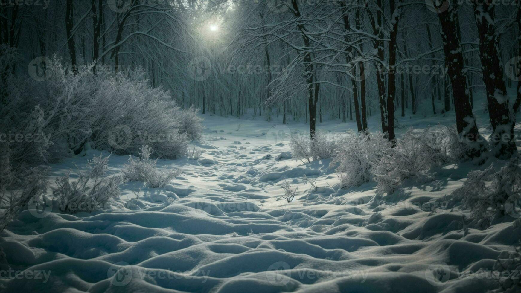 AI generated Describe the interplay of moonlight on snow-laden branches in a dense winter forest. photo