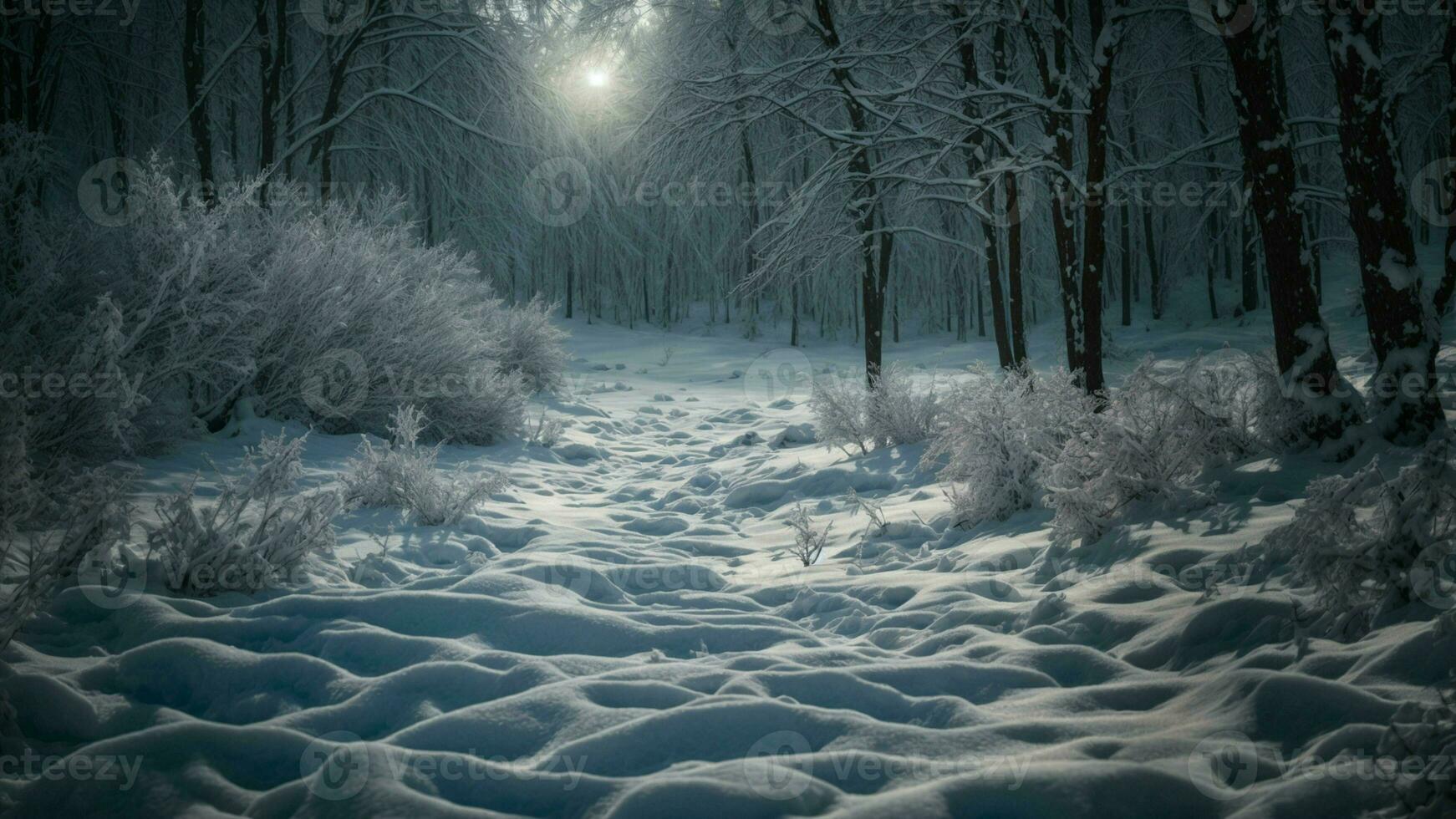 ai generado describir el interacción de luz de la luna en cargado de nieve ramas en un denso invierno bosque. foto