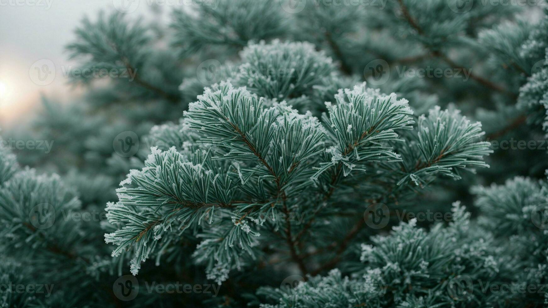 AI generated Explore the hidden stories within the intricate patterns of frost on a solitary pine tree. photo