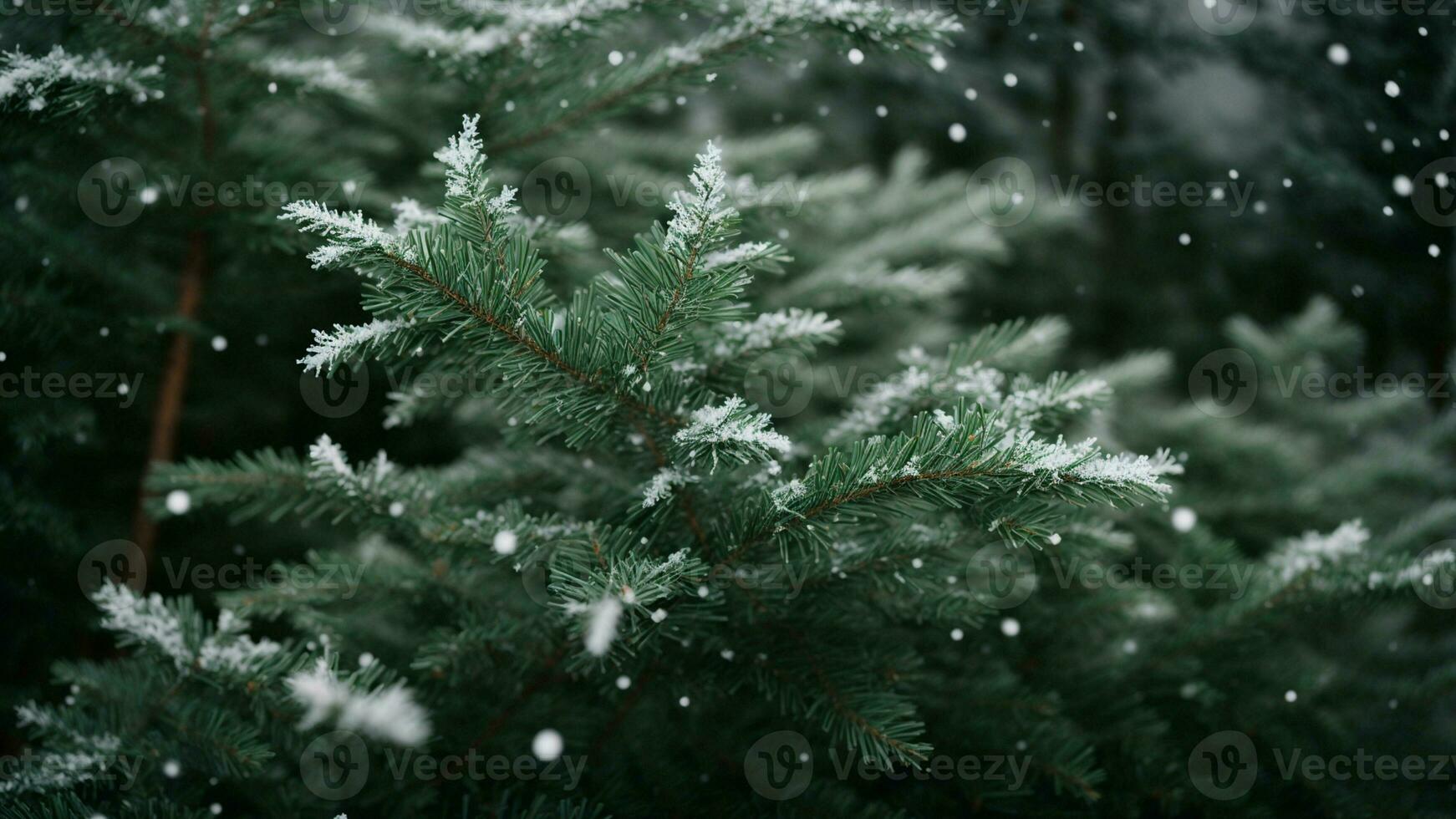 AI generated Depict the delicate dance of snowflakes settling on the needles of a towering evergreen. photo