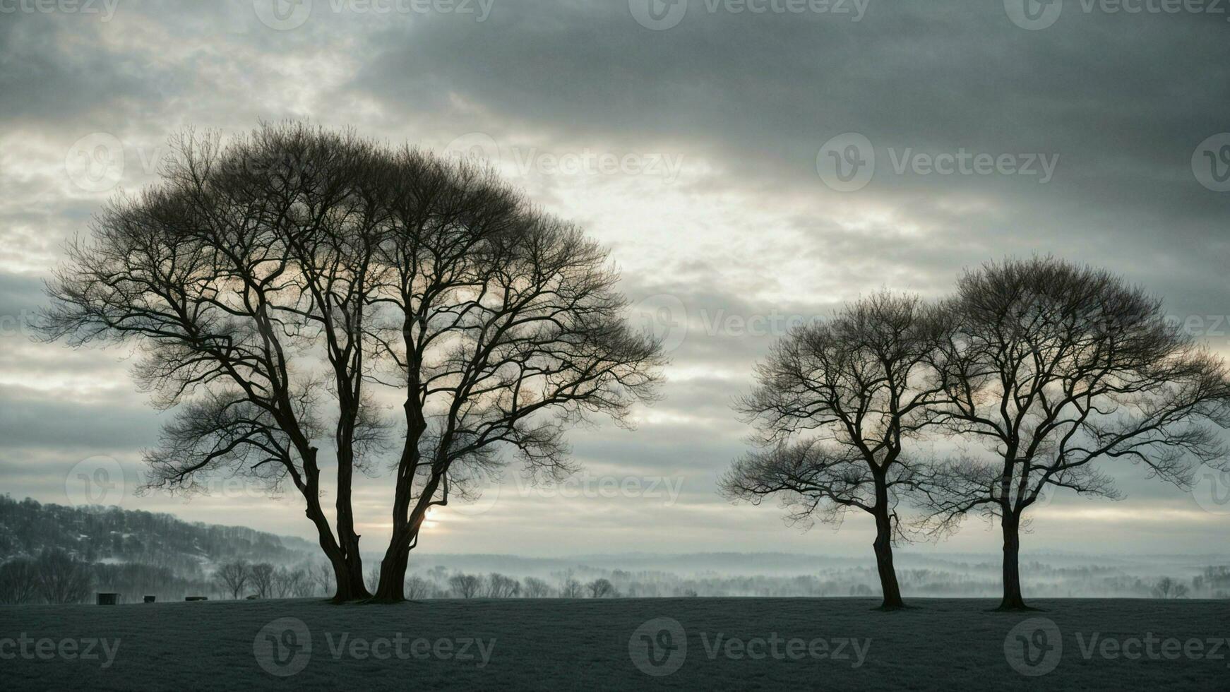 AI generated Detail the contrast between the stark silhouettes of leafless trees against a pale, overcast winter sky. photo