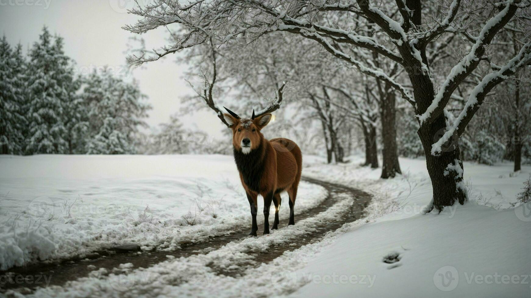 ai generado crónica el viaje de un solitario animal navegando el laberinto de cargado de nieve ramas en buscar de sustento. foto