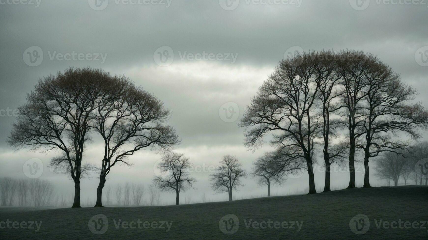 AI generated Detail the contrast between the stark silhouettes of leafless trees against a pale, overcast winter sky. photo